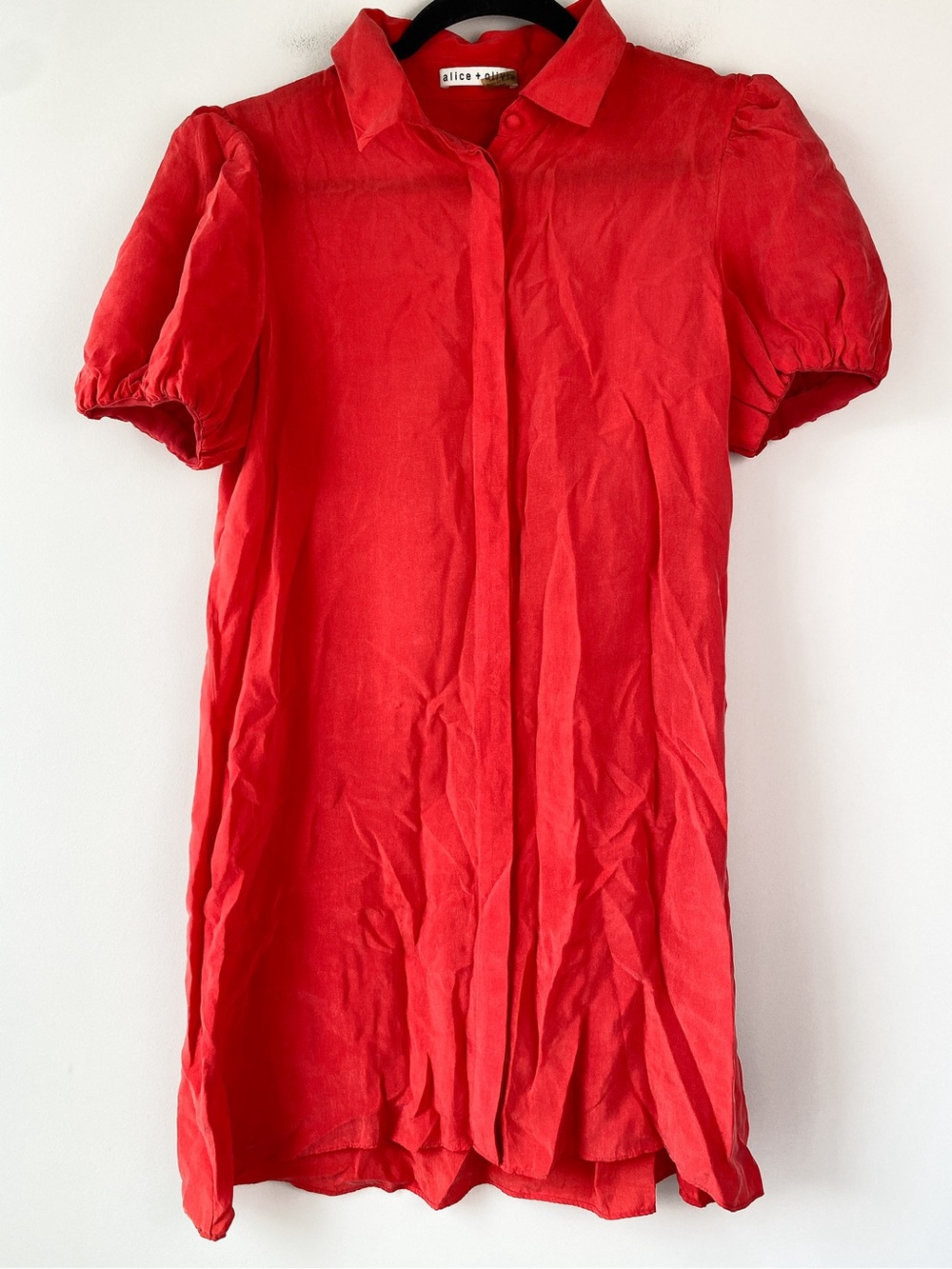 Alice + Olivia Womens Jem Shirt Dress M Bright Poppy Red Cupro Puff Sleeve Mini